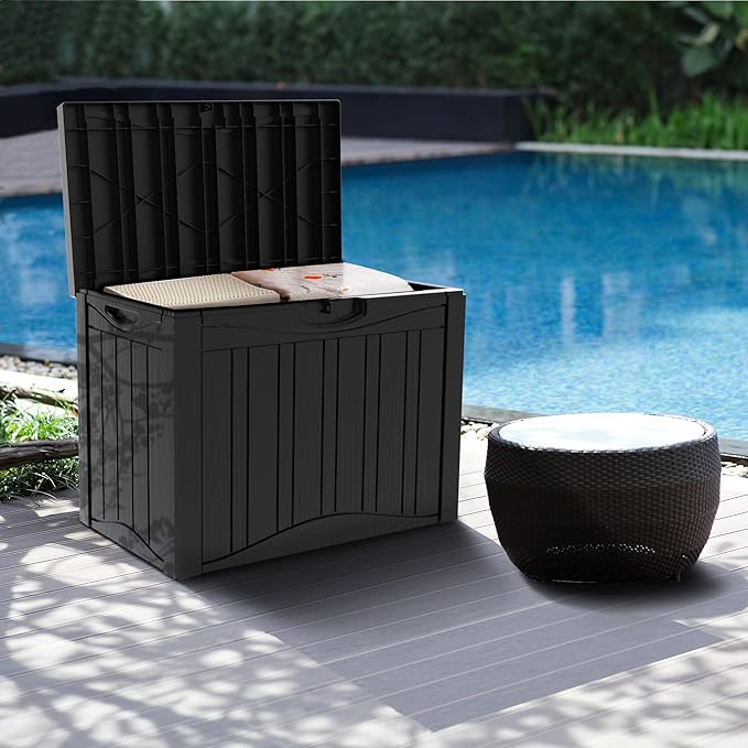 45 Gallon Resin Deck Box, Waterproof Outdoor Storage Bin for Patio, Poolside, and Garden, Lockable & UV-Resistant, Ideal for Small Spaces, Black-VerdiqueGarden