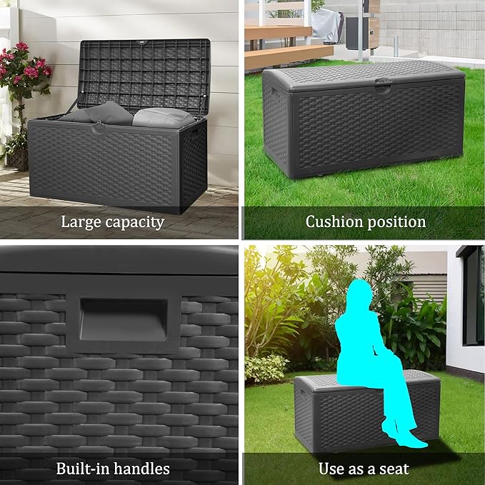 80 Plus Gallon Resin Deck Box, Waterproof Outdoor Storage Bin for Patio, Poolside, and Garden, Lockable & UV-Resistant, Ideal for Small Spaces, Black-VerdiqueGarden