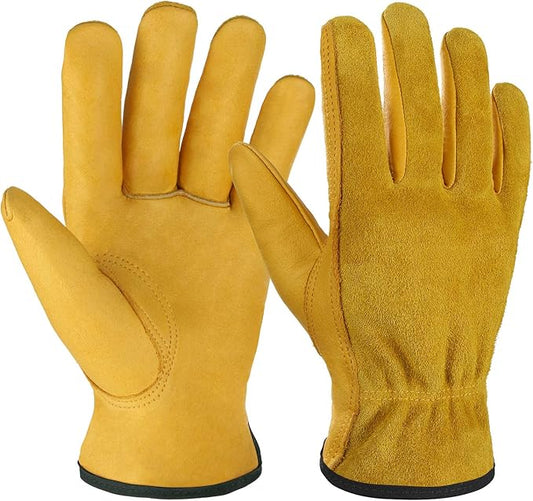 OZERO Leather Work Gloves Flex Grip Tough Cowhide Gardening Glove for Wood Cutting/Construction/Truck Driving/Garden/Yard Working for Men and Women 1 Pair (Gold,Small)-VerdiqueGarden