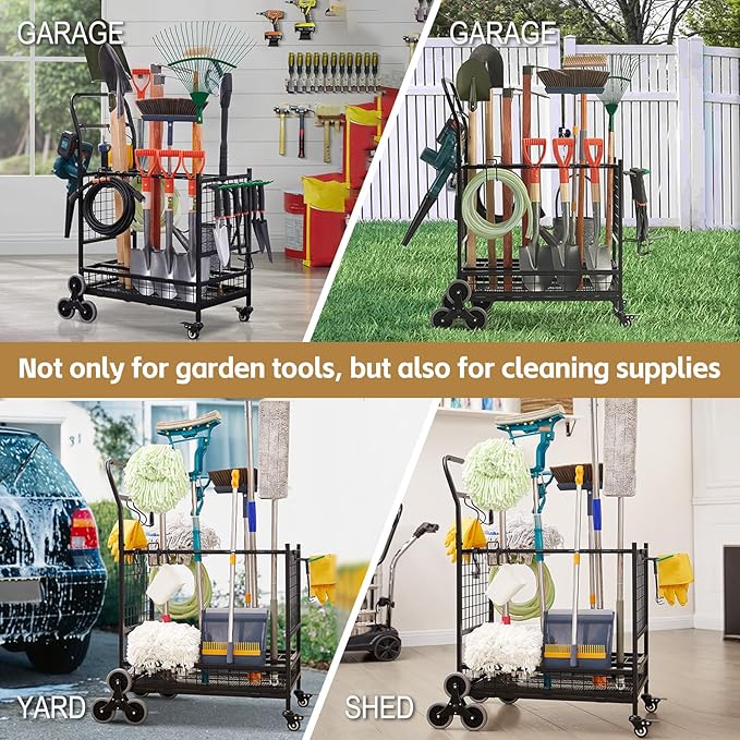Lauren&Harold Garden Tool Organizer for Garage, Yard Tools Storage Rack with 2 Stair-Climbing Wheels, Gardening Tool Storage Holder for Garage, Yard, Lawn and Outdoor, Garden Tool Rolling Cart-VerdiqueGarden