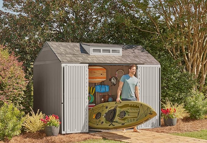 Rubbermaid Extra Large Resin Outdoor Storage Shed With Floor (7 x 10.5 Ft.) Weather Resistant Brown Organization for Home/Lawn Mower/Backyard Equipment/Bike Storage/Pool Supplies-VerdiqueGarden
