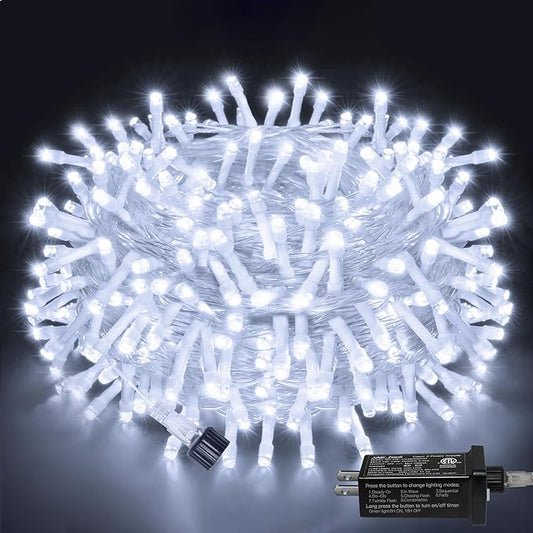 Ollny Outdoor String Lights 200LED 60FT, Cool White Connectable Plug in Fairy Light, 8 Modes Waterproof Timer Christmas Lights for Indoor Outside Bedroom House Party Wedding-VerdiqueGarden