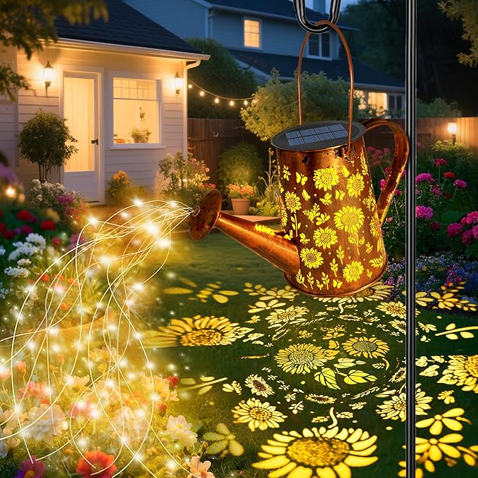 VOOKRY Solar Lights Outdoor Decoration, Large Hanging Metal Solar Watering Can Lights Waterproof Sunflower Garden Decor Yard Lights Outside for Porch Lawn Patio, Birthday Gifts for Women Mom Grandma-VerdiqueGarden
