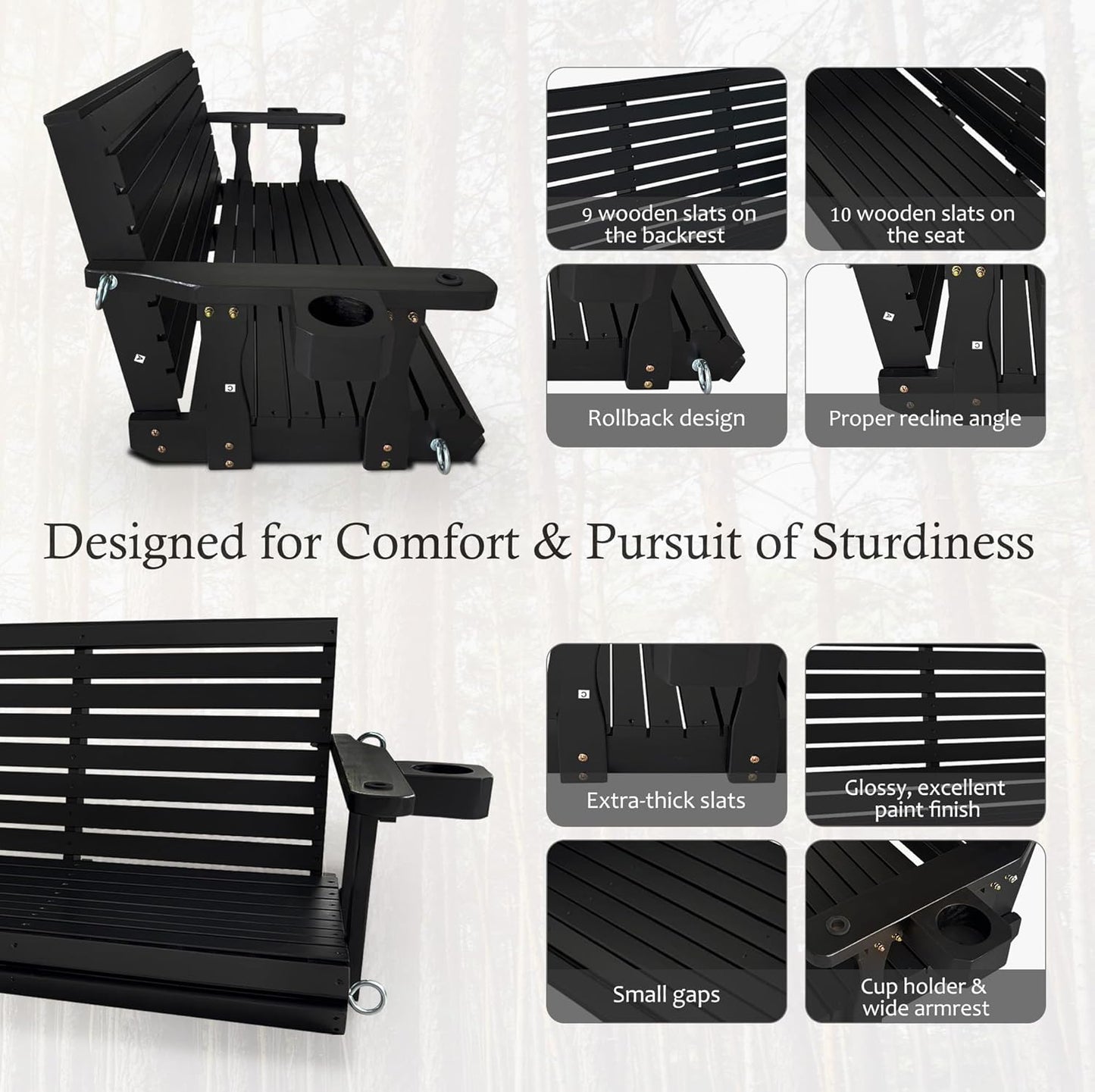 Wooden Porch Swing 3-Seater, High Backrest and Deep Seat, Bench Swing with Cupholders, Hanging Chains and 7mm Springs, Heavy Duty 880 LBS, for Outdoor Patio Garden (Carbon Black, 5 FT Extra Large)-VerdiqueGarden