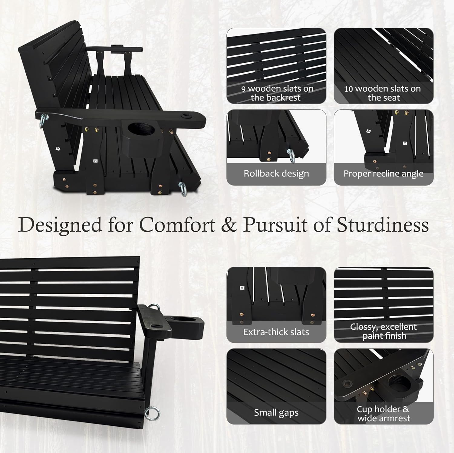 Wooden Porch Swing 3-Seater, High Backrest and Deep Seat, Bench Swing with Cupholders, Hanging Chains and 7mm Springs, Heavy Duty 880 LBS, for Outdoor Patio Garden (Carbon Black, 5 FT Extra Large)-VerdiqueGarden