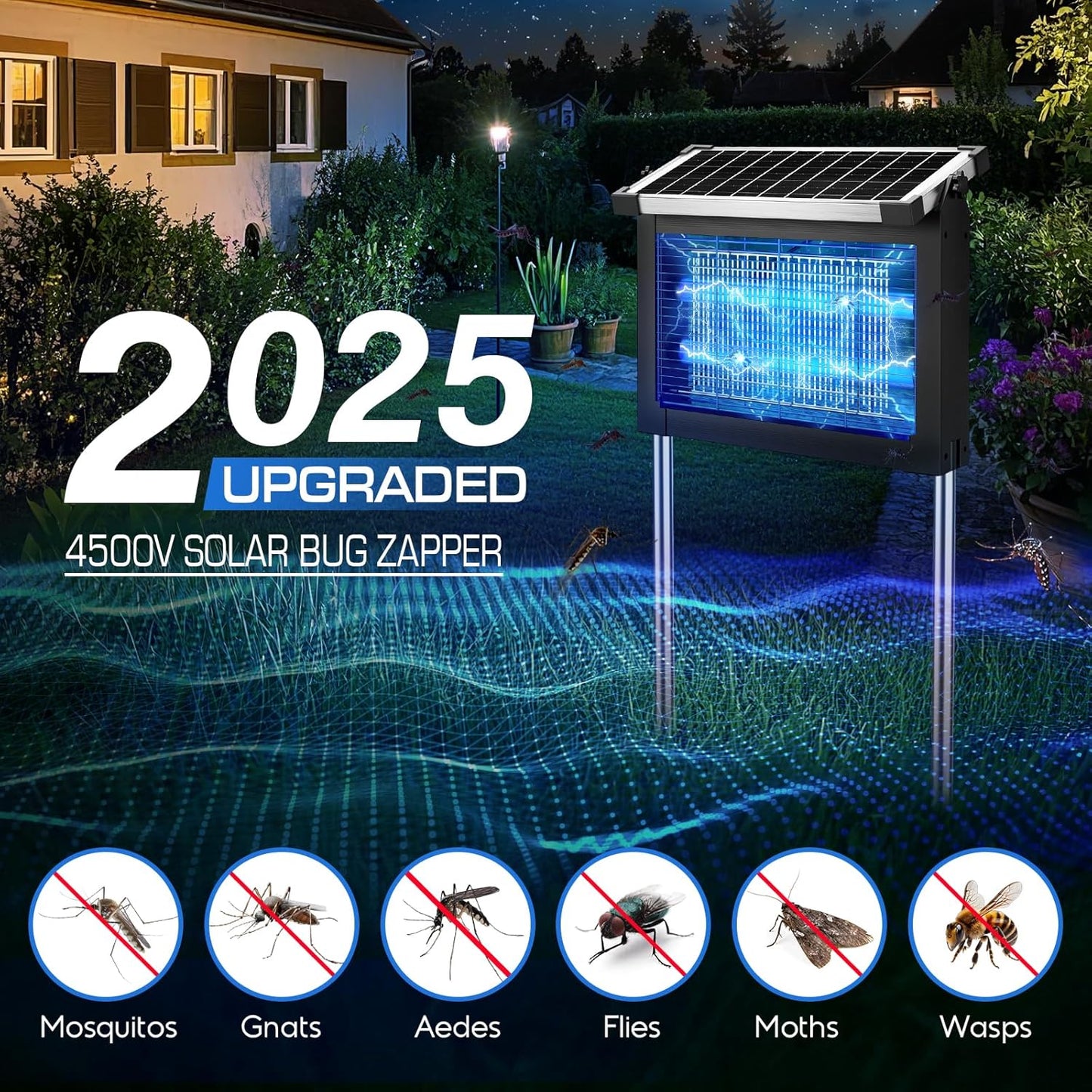 Solar Bug Zapper Outdoor Waterproof, Jepwe 4500V Cordless Bug Zapper Outdoor Large, Rechargeable Mosquito Killer & Fly Zapper, Solar Powered Insect Trap for Garden, Patio, Backyard, Indoor Use-VerdiqueGarden