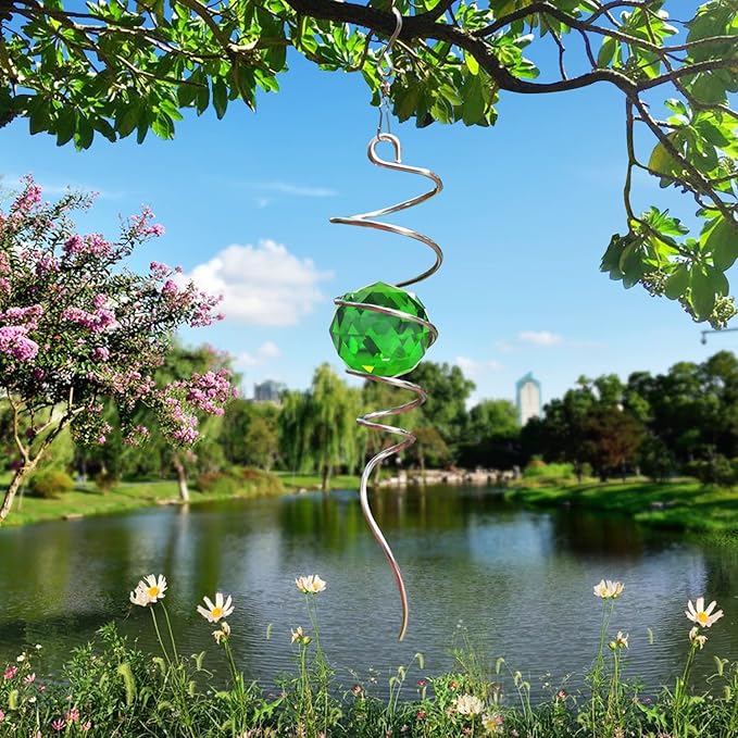 Fonmy Gazing Ball Spiral Tail -Decorative Wind Spinner Sun Catcher Rainbow Maker 11 inch Tail and 2 inch Green Crystal Orb. Indoor Outdoor Garden Decoration -13 inch Height-VerdiqueGarden