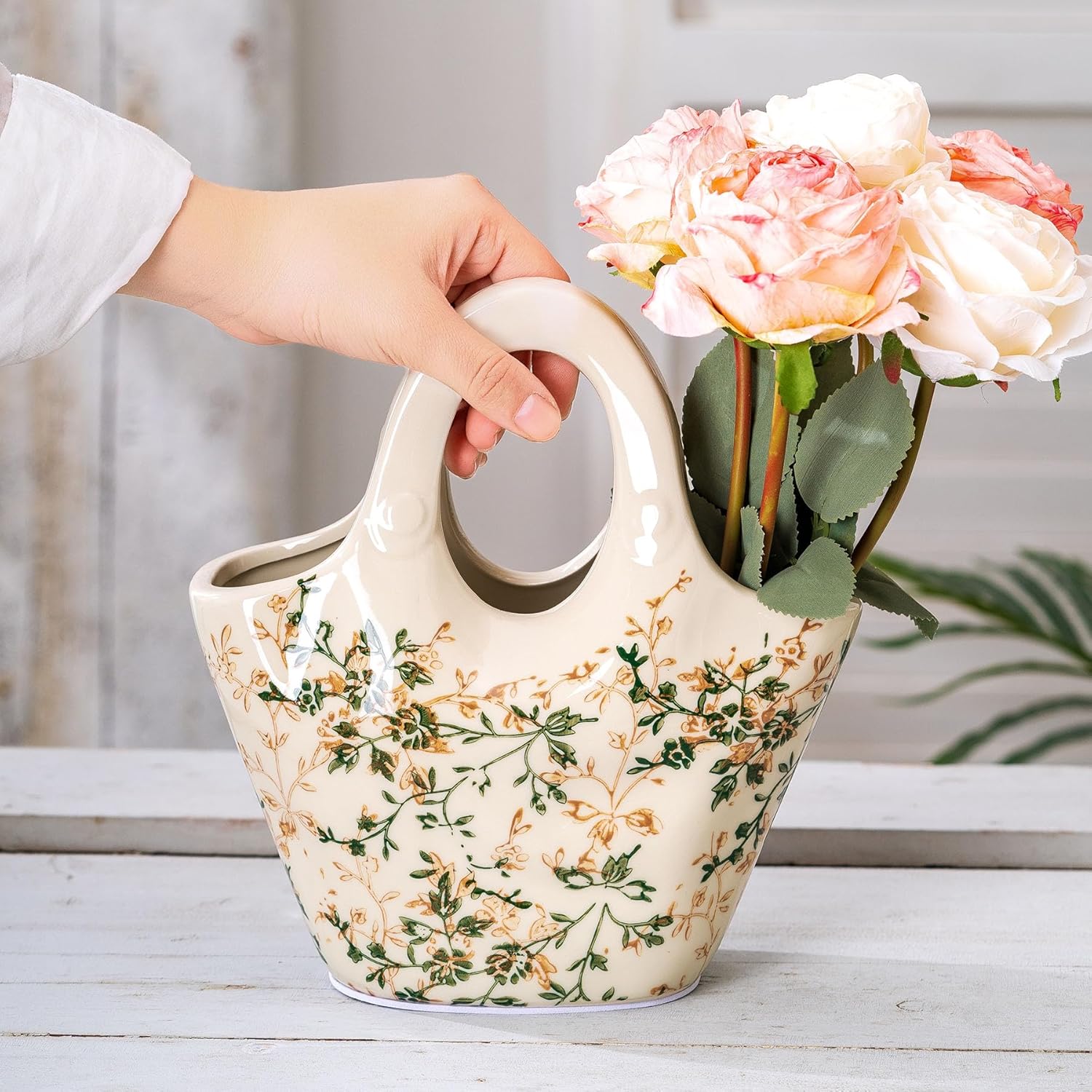 Ceramic Purse Vase for Flowers, Cute Handbag Vases, Vintage Green and Beige Floral Vase, Rustic Farmhouse Vases for Living Room, Kitchen, Bedroom, Table Centerpiece, Chinoiserie and Tuscan Decor 9 in-VerdiqueGarden