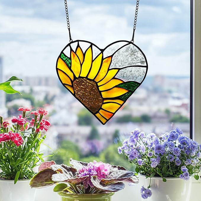 BOXCASA Sunflower Stained Glass Window Hangings,Sunflower Stained Glass Suncatcher,Heart Shape Sunflower Best Teacher Gifts for Women Birthday,Sunflower Decoration for Home Indoor Window-VerdiqueGarden