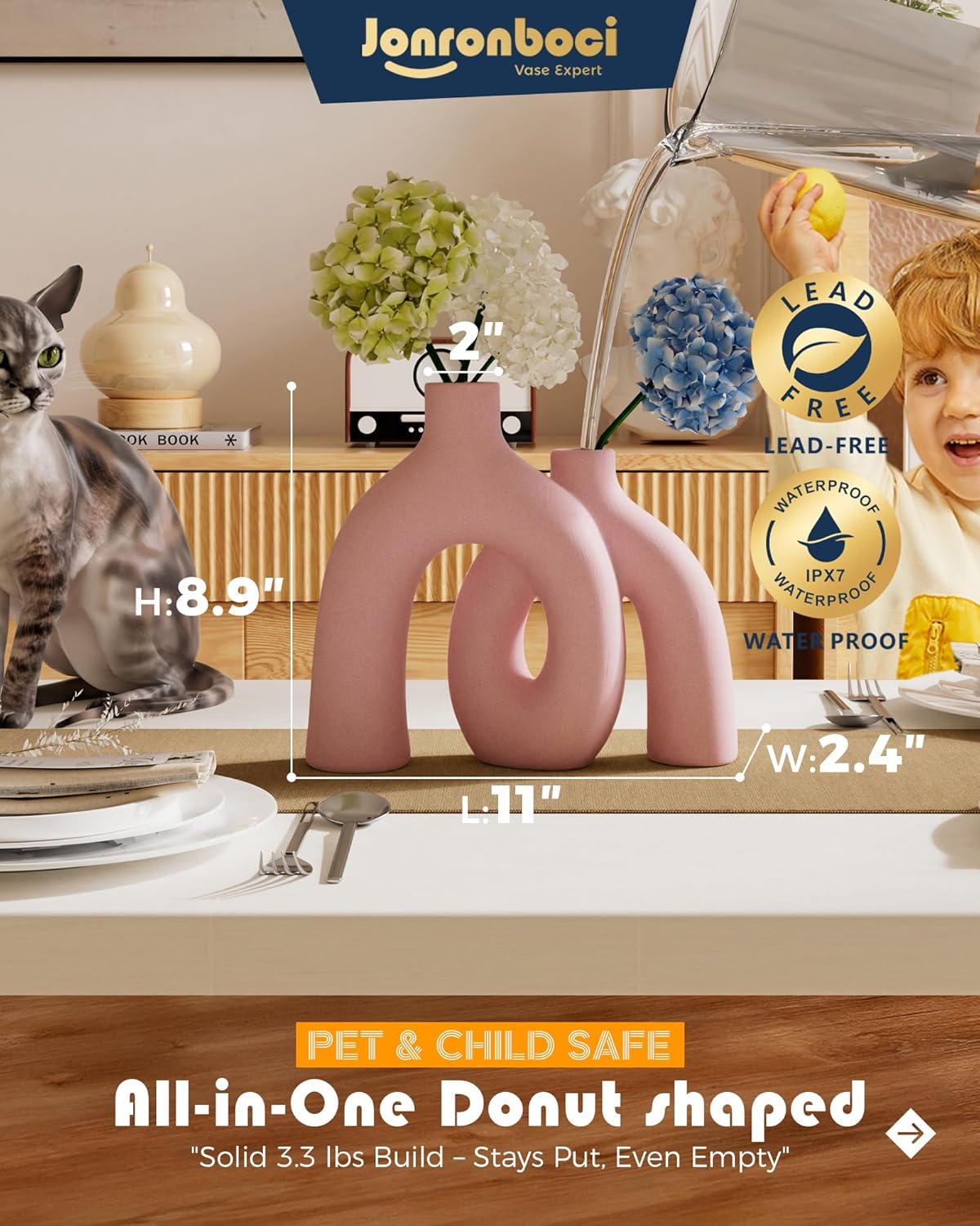 Hug Donut Decorative Vase Set - Light Pink Modern Glam Eclectic Style Vases Home Decor, Matte Ceramic Decorations for Living Room Shelf, Bookshelf Mantle Entryway Table or Console Décor(Pink)-VerdiqueGarden