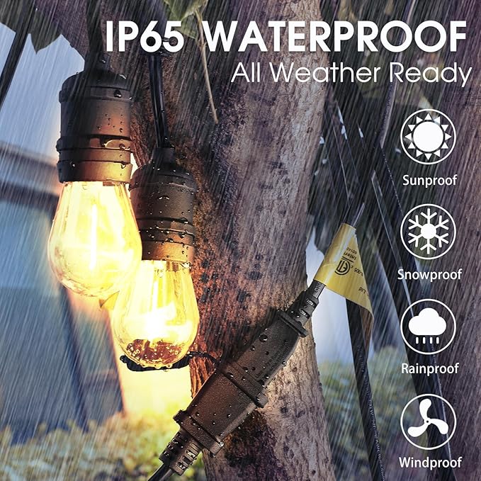 48ft LED Outdoor String Lights with 15+1(Spare) 1W Shatterproof Bulbs, Black Waterproof IP65 Connectable Outdoor Decorative Lights for Garden Patio Cafe Bistro Backyard Porch, UL Listed-VerdiqueGarden