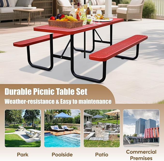 4FT Metal Picnic Tables for Outdoors, Commercial Rectangular Picnic Table and Bench Set for Outside, Patio, Garden, Backyard, Porch, Surface Mount, Red-VerdiqueGarden
