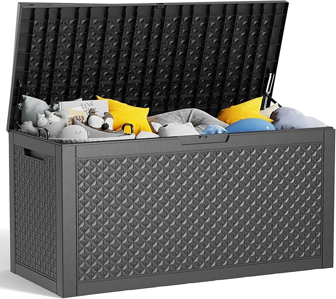 100 Gallon Resin Deck Box, Lockable Patio Outdoor Storage Box for Furniture, Garden Tools and Tools Storage, Waterproof Outside Storage Boxes - Patterned black-VerdiqueGarden
