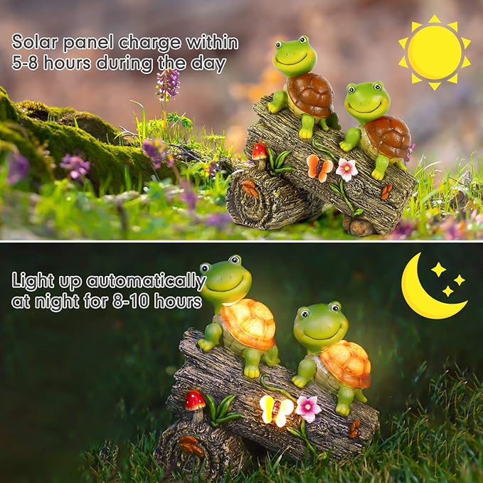 Garden Turtle Figurines Outdoor Decorations, Solar Powered Sweet Frog Face Turtles Resin Statue with 4 LED Lights, Garden Art Spring Fall Winter Christmas Decor for Patio Lawn Yard-VerdiqueGarden