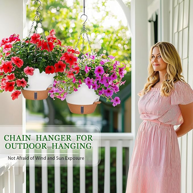 10 Inch Hanging Planters for Indoor Plants, 2 Pack Self Watering Hanging Baskets Flower Pots with Drainage Hole, Visual Reservoir & 2 Kinds of Plant Hanger for Outdoor Garden Home Decor-VerdiqueGarden