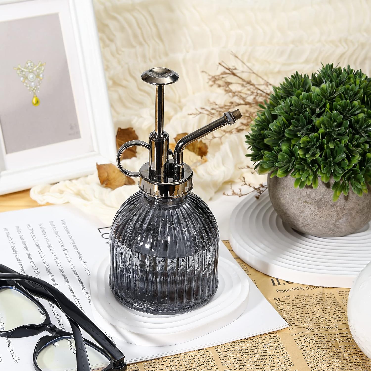 Glass Plant Mister Spray Bottle, Succulent Spray Bottle with Top Pump, Glass Plant Sprayer Mister Vintage Spritzer Small Watering Can for Indoor Outdoor Houseplant - Grey-VerdiqueGarden