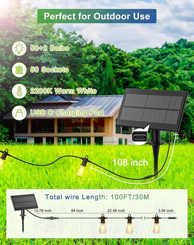 Solar String Lights Outdoor Waterproof 100FT with USB Port and 52 Shatterproof ST38 Bulbs(2 Spare), LED Solar Powered Patio Lights for Outside, Porch, Backyard, Gazebo, Garden(Warm White)-VerdiqueGarden