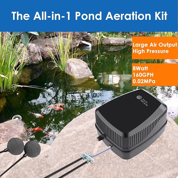 AquaMiracle Pond Aeration Kit Pond Air Pump Koi Pond Aerator for Pond up to 1500 Gallons Pond Deicer All-in-One Pond Aeration System with 2-Outlet Airline Tubing Air Stones Check Valves-VerdiqueGarden