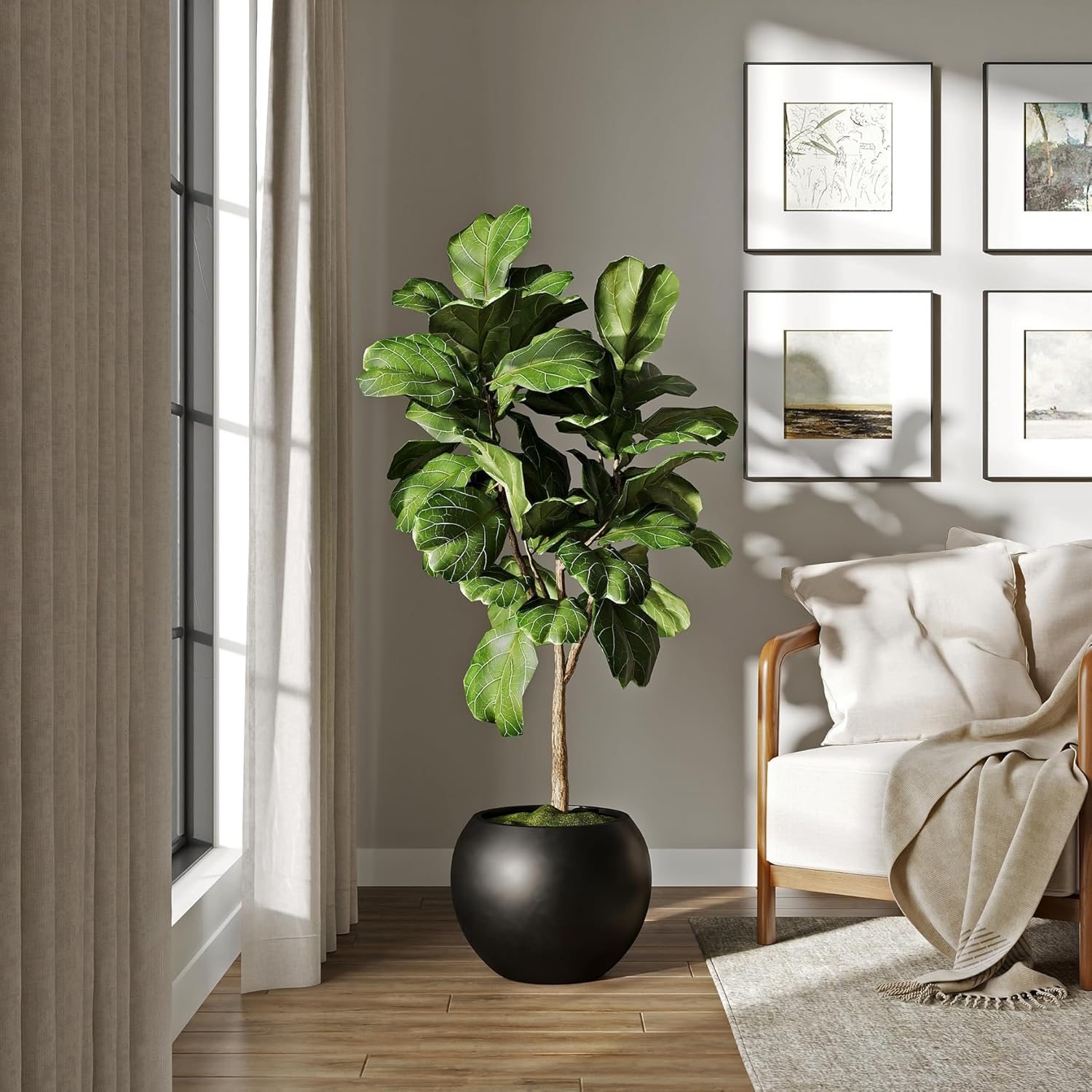 DTY Signature Mount Sherman Lightweight Durable Modern Fiberstone Sphere Planter for Indoor & Outdoor Drainage Hole & Rubber Plug Weather Resistant, 13.5" H x 17" Dia, 12" Opening- Medium, Black-VerdiqueGarden