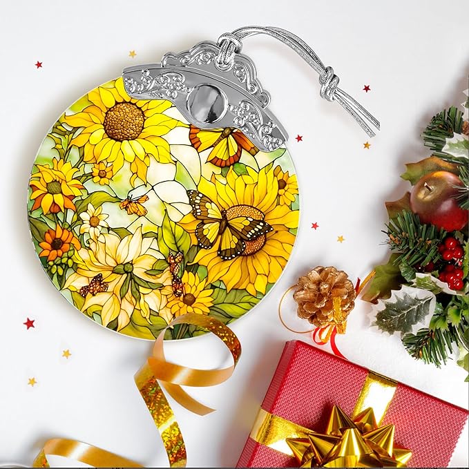 Stained Glass Suncatcher, Jocidea Sunflower and Butterfly Decor, Christmas Ornament, Holidays Ornaments, Christmas Tree Ornament, Sunflower and Butterfly Gifts-VerdiqueGarden