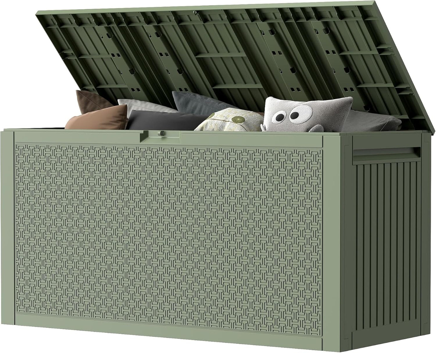 90 Gallon Outdoor Storage Box, Lockable Outside Storage Box Waterproof, Patio Cushions Deck Storage Boxes, Rattan Plastic Garden Hose Containers Resin Pool Storage Bins with lids, Sage Green-VerdiqueGarden