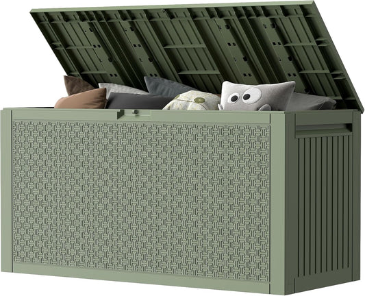 90 Gallon Outdoor Storage Box, Lockable Outside Storage Box Waterproof, Patio Cushions Deck Storage Boxes, Rattan Plastic Garden Hose Containers Resin Pool Storage Bins with lids, Sage Green-VerdiqueGarden