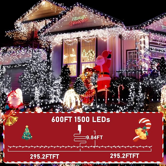 KNONEW 600ft 1500 LED String Lights Outdoor Christmas Lights 8 Modes & Timer Fairy Light Plug in Waterproof LED String Lights for Xmas Yard Tree Wedding Party Holiday Decorations (Cool White)-VerdiqueGarden