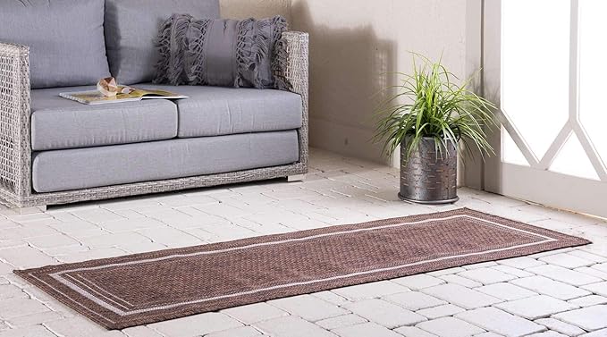 Unique Loom Outdoor Border Collection Area Rug - Soft Border (2'x 6' 1" Runner, Brown/ Ivory)-VerdiqueGarden