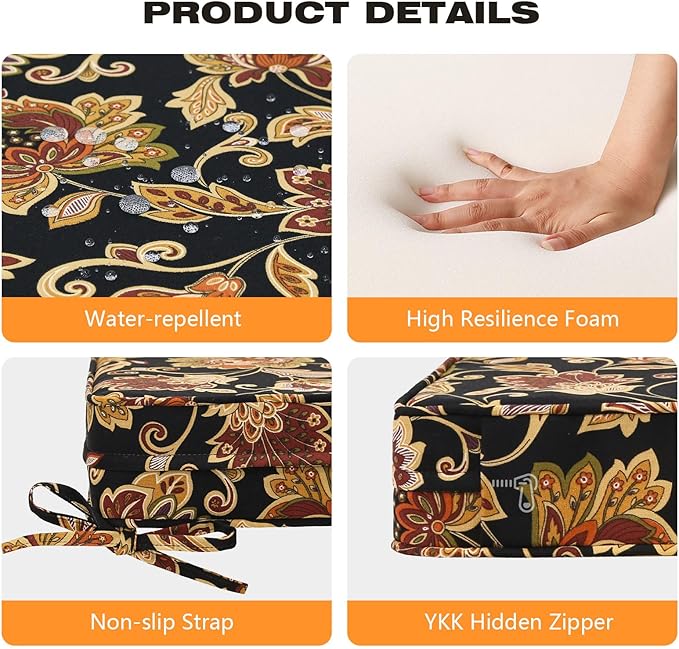 Square Corner Seat Cushions, 19" x 19" x 3", Set of 4, Indoor Outdoor Water Repellent Universal Chair Pads with Ties for Patio Furniture, Garden Deck Dining Chairs, Red Yellow Vine Flower-VerdiqueGarden