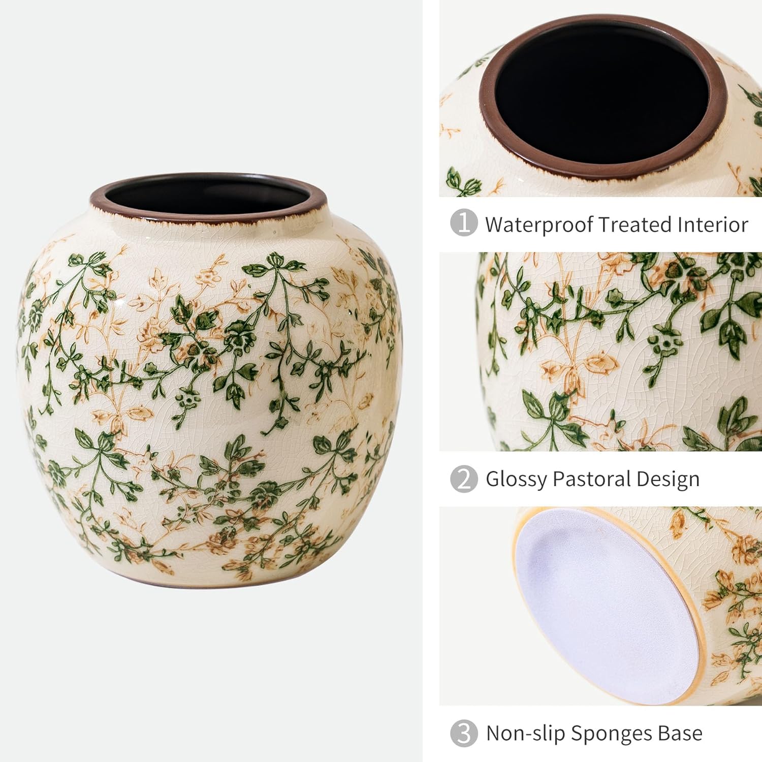 Vintage Green and Beige Round Pastoral Vase, Round Ceramic Floral Vases, Retro Ice Cracked Chinoiserie Vase for Home Decor, Living Room, Bookshelf, Office, Rustic Table Centerpiece 6.7 Inch-VerdiqueGarden