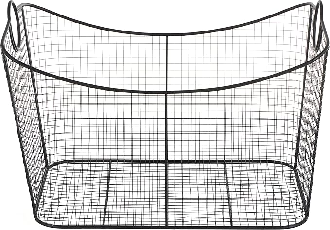 Deco 79 Metal Large Open Frame Wire Grid Storage Basket with Curved Sides and Ring Handles, 30" x 20" x 20", Black-VerdiqueGarden