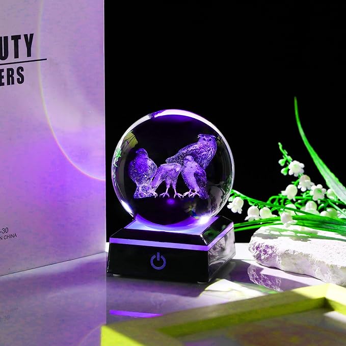 Qianwei OWL Eagle Gifts for Women 3D Crystal Ball 3.14'' - Laser OWL Eagle Decor Glass Animals OWL Eagle Gifts Figurines Statue Stuff for Room Decorations OWL Eagle Night Light-VerdiqueGarden