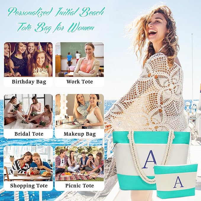 YOOLIFE Beach Bags for Women - Initial Tote Waterproof Bag with Makeup Bag, Mothers Day Gifts for Women Mom Friend Birthday-VerdiqueGarden