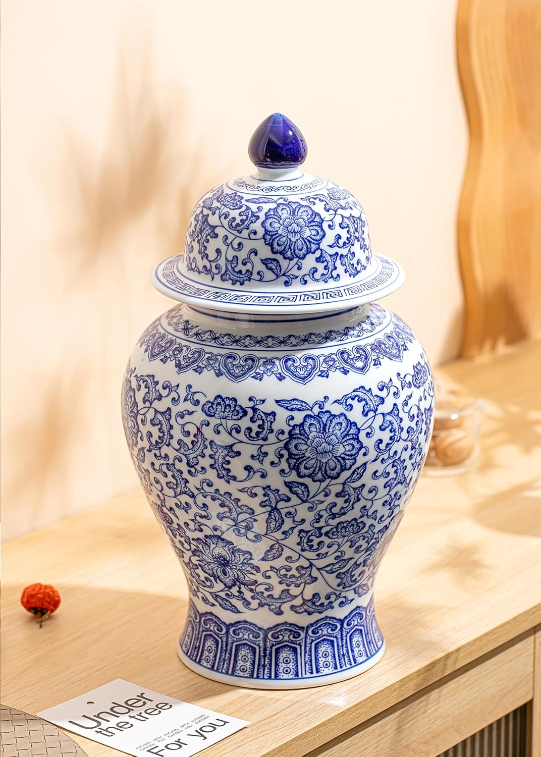 Blue and White Ginger Jar, Ceramic Chinoiserie Decorative Jars for Home, Office, Flower Vase Pocelain, Glossy Vase for Table, Living Room, Bookshelf, Mantle Fireplace, Centerpieces,15" H-VerdiqueGarden