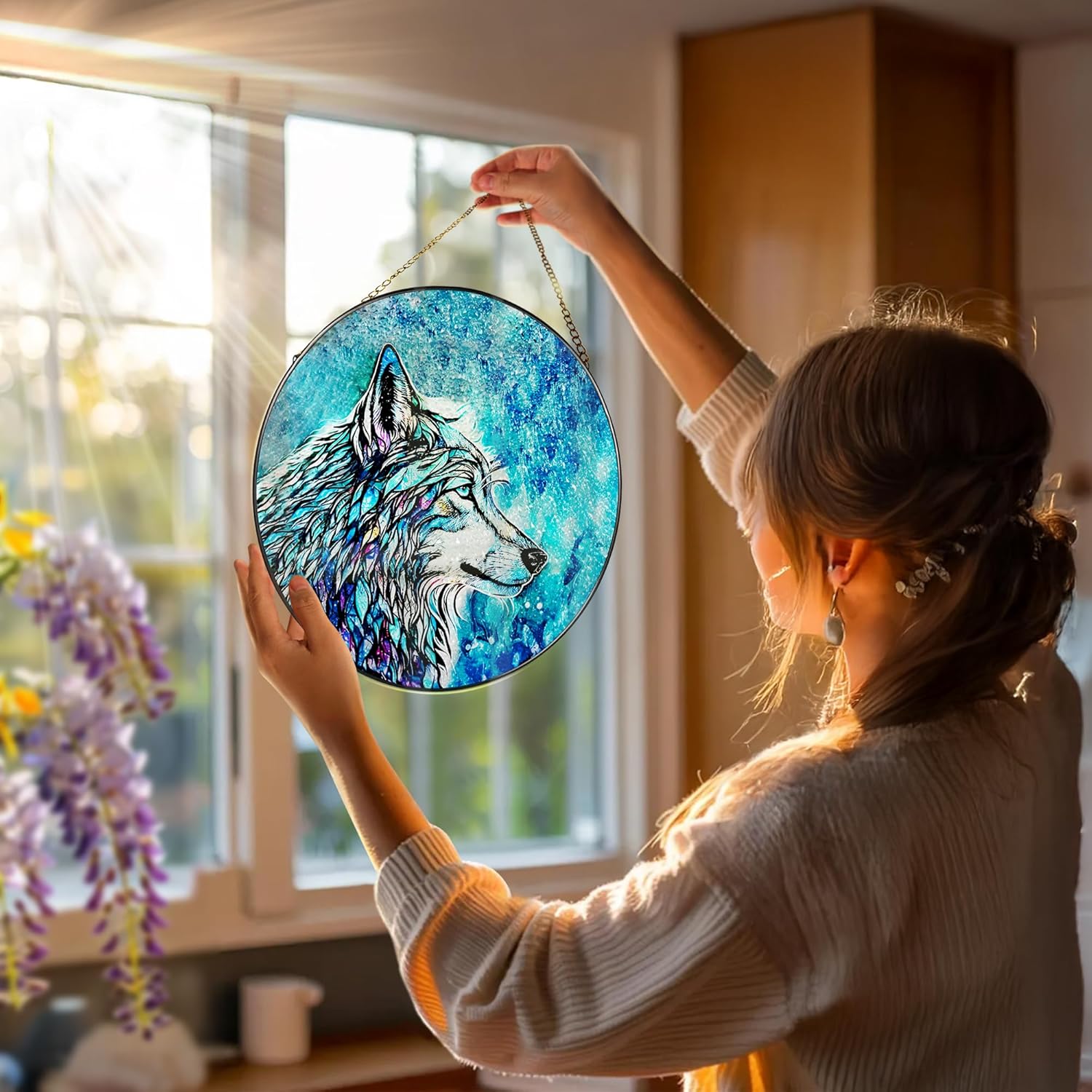 Stained Glass Window Hanging, Stained Glass Suncatcher, Wolf Sun Catcher, Window Hanging Decor, Wolf Lover Gift, Gifts for Fathers Day or Mathers Day, Christmas or Birthday Gift, Gifts for Women Men-VerdiqueGarden