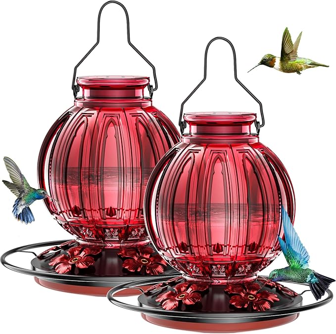 2 Pack Glass Hummingbird Feeder for Outdoors Hanging, Bird Nectar Feeder with Perch & 5 Flower Feeding Ports, 26 Oz Leak Proof for Outside Garden Decor Backyard, Gifts for Women Mom, Red-VerdiqueGarden