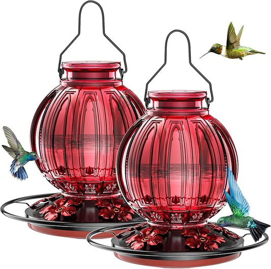 2 Pack Glass Hummingbird Feeder for Outdoors Hanging, Bird Nectar Feeder with Perch & 5 Flower Feeding Ports, 26 Oz Leak Proof for Outside Garden Decor Backyard, Gifts for Women Mom, Red-VerdiqueGarden