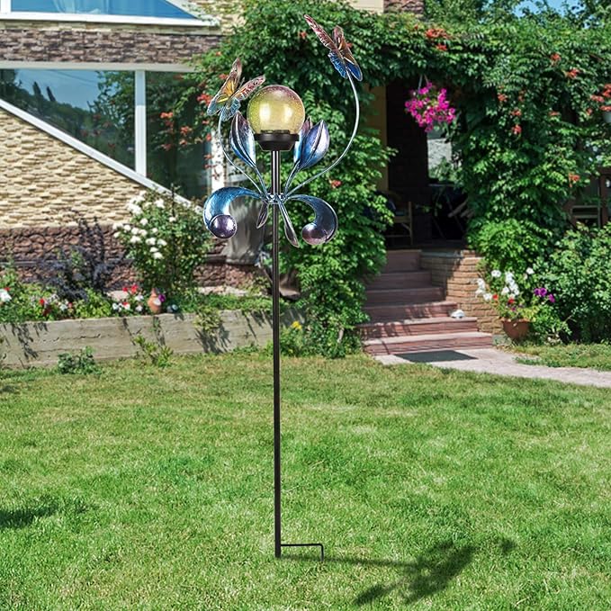 VCUTEKA Solar Lights Outdoor Metal Garden Stake Waterproof Crackle Glass Globe Garden Decor Butterfly for Pathway, Lawn, Patio, Yard-VerdiqueGarden
