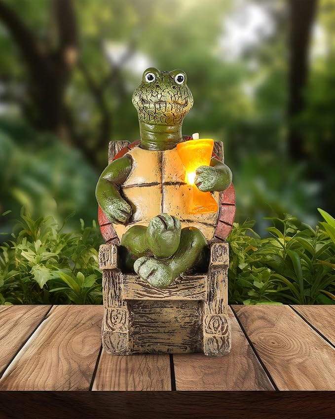 iStatue Solar-Powered Turtle Figurine Light with Glowing Cup - 5.5 in Lifelike LED Decorative Lamp for Outdoor Ambiance - Patio Table, Yard & Garden Decor (Turtle)-VerdiqueGarden