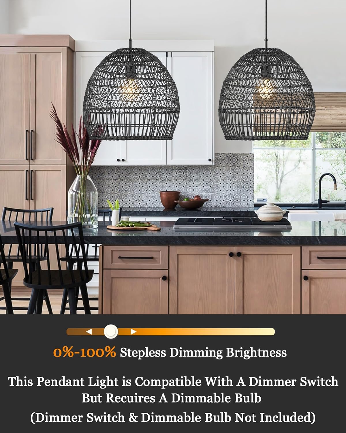 ELYONA 16” Large Rattan Pendant Light, Modern Black Wicker Chandelier, Hand Woven Boho Basket Hanging Light Fixtures for Farmhouse Dining Room Kitchen Island Living Room Bedroom Foyer (40cm*40cm)-VerdiqueGarden