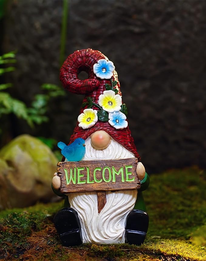 Goodeco Sitting Gnome with Welcome Sign - Garden Gnomes Outdoor with Solar Bird & LED Lights, Ideal Gifts for Mom or Women, Housewarming Gnome Decorations-VerdiqueGarden