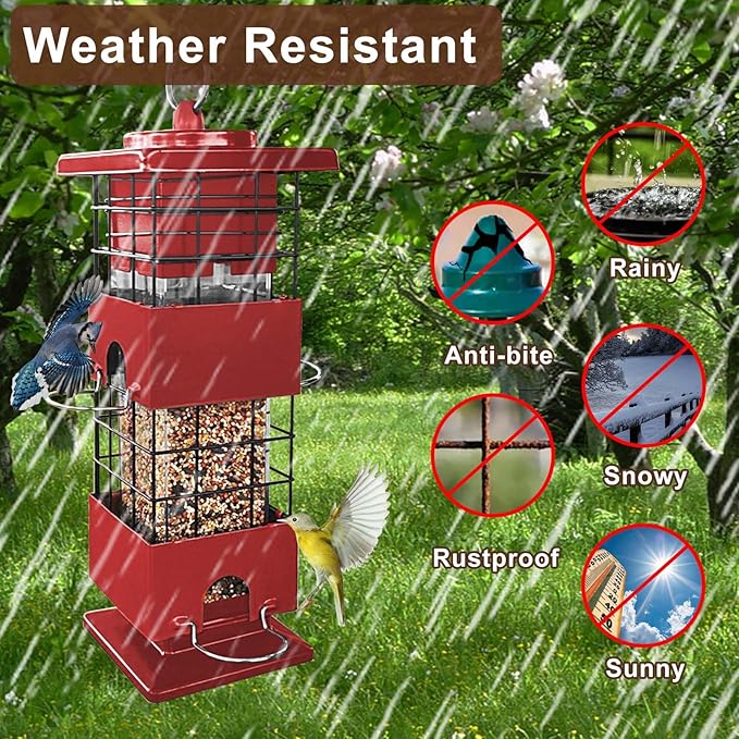 Squirrel Proof Bird Feeder, 3LBS Large Capacity Hanging Bird Feeders for Outdoors, Weight-Activated Perches Metal Anti-Squirrel Birdfeeder for Blue Jay, Cardinal, Outside (Red)-VerdiqueGarden