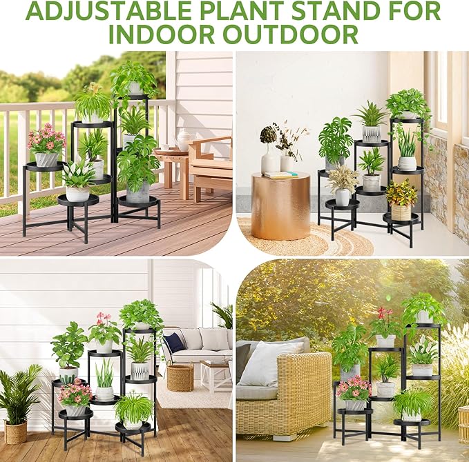 iDavosic.ly 7 Tier Large Plant Stand Indoor with 10 Inch Wide Tray, Tiered Corner Metal Outdoor Flower Display Holder Shelf, Folding Tall Rack for Patio Porch Living Room, Modern Black-VerdiqueGarden