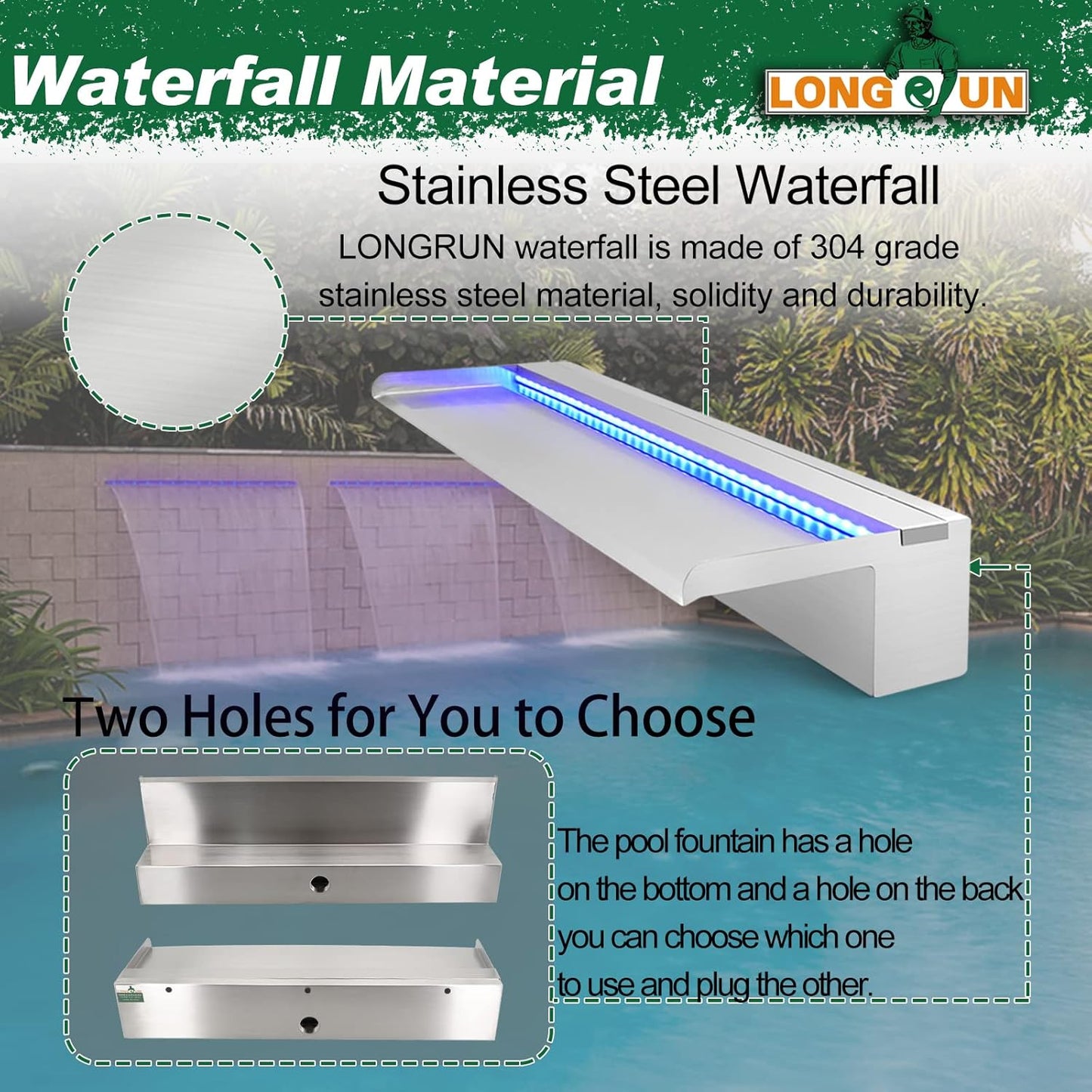 LONGRUN Pool Fountain Stainless Steel Outdoor Pond Spillway Waterfall with Wider Water Flow Platform Multi-Color LED Light Spray Indoor Waterfall Fountains for Garden-23.6" x 8" x 3.94"(W x D x H)-VerdiqueGarden