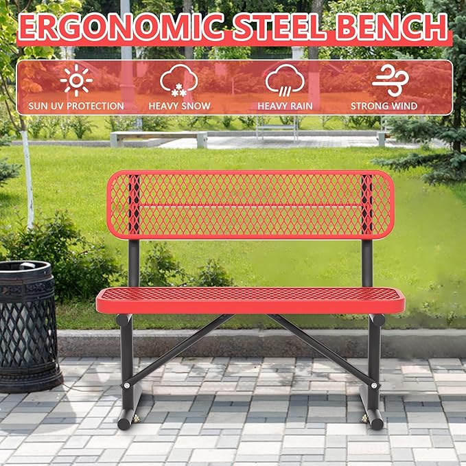 Heavy Duty Park Bench with Back Portable Frame, Outdoor Steel Bench with Backrest, Outdoor Park Bench Expanded Metal Mesh Bench for Lawn, Park, Deck, Garden, Patio, Porch, Black (Red, 4FT)-VerdiqueGarden