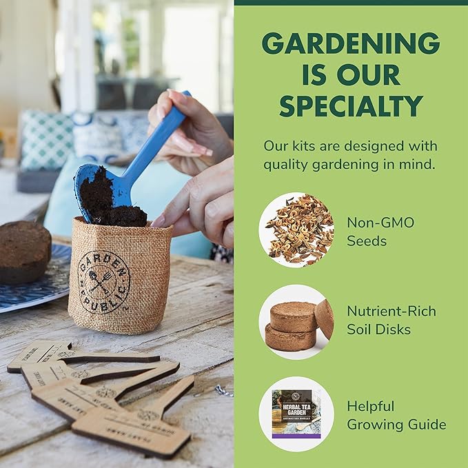 Indoor Herb Garden Seed Starter Kit - Herbal Tea Growing Kits, Grow Medicinal Herbs Indoors, Seeds for Planting, Soil, Plant Markers, Pots, Infuser, Planter Box, Gardening Gifts for Women-VerdiqueGarden