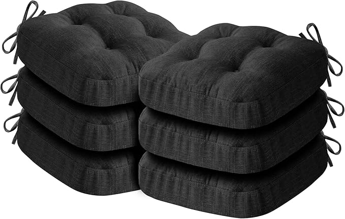 Chair Cushions for Dining Chairs, Dining Chair Cushions, Tufted Indoor Chair Pads with Ties & Non Slip Backing, Seat Cushions for Kitchen Chairs 16.5” x 16.5” x 3.5”, Set of 6, Black-VerdiqueGarden