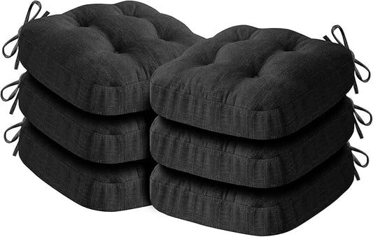 Chair Cushions for Dining Chairs, Dining Chair Cushions, Tufted Indoor Chair Pads with Ties & Non Slip Backing, Seat Cushions for Kitchen Chairs 16.5” x 16.5” x 3.5”, Set of 6, Black-VerdiqueGarden