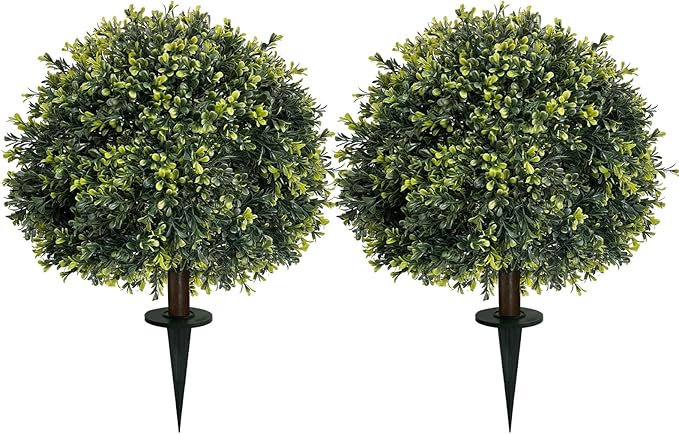 ICX 2 Pack 24" Artificial Boxwood Topiary Ball Trees with Ground Spike,Artificial Plants Outdoor,Fake Bushes & Shrubs for Porch, Garden, Front Porch Decor - Indoor/Outdoor Faux Plants-VerdiqueGarden
