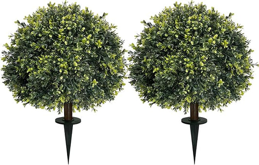 ICX 2 Pack 24" Artificial Boxwood Topiary Ball Trees with Ground Spike,Artificial Plants Outdoor,Fake Bushes & Shrubs for Porch, Garden, Front Porch Decor - Indoor/Outdoor Faux Plants-VerdiqueGarden